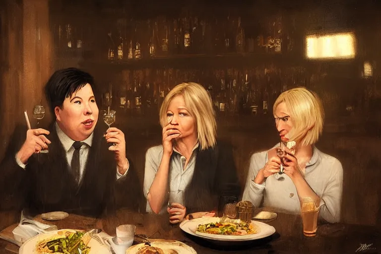 Image similar to portait of michael mcintyre and middle aged blonde woman with short hair and a blonde woman with long hair having dinner at sunday in brooklyn restaurant, greg rutkowski