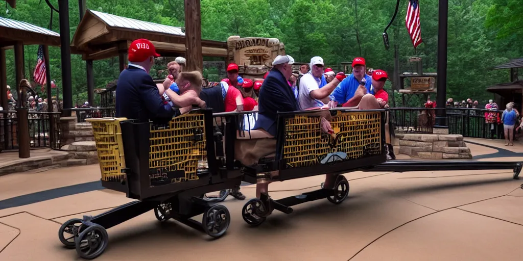 Image similar to Donald trump falls off of a trolly and cries, caught in 4K, taken in Silver Dollar City