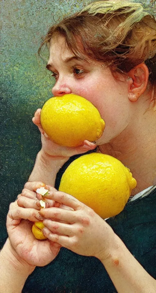 Image similar to close up of a person squeezing lemon for lemonade, sun shining, photo realistic illustration by greg rutkowski, thomas kindkade, alphonse mucha, loish, norman rockwell.