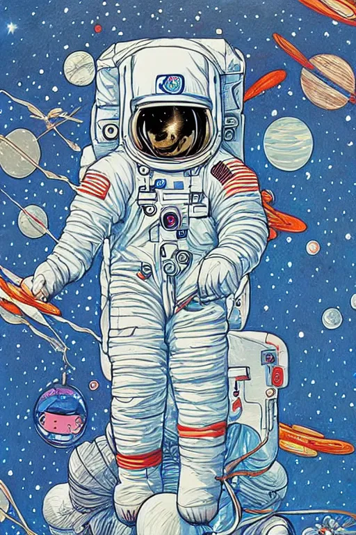 Prompt: James Jean artwork, astronaut in space, colourful