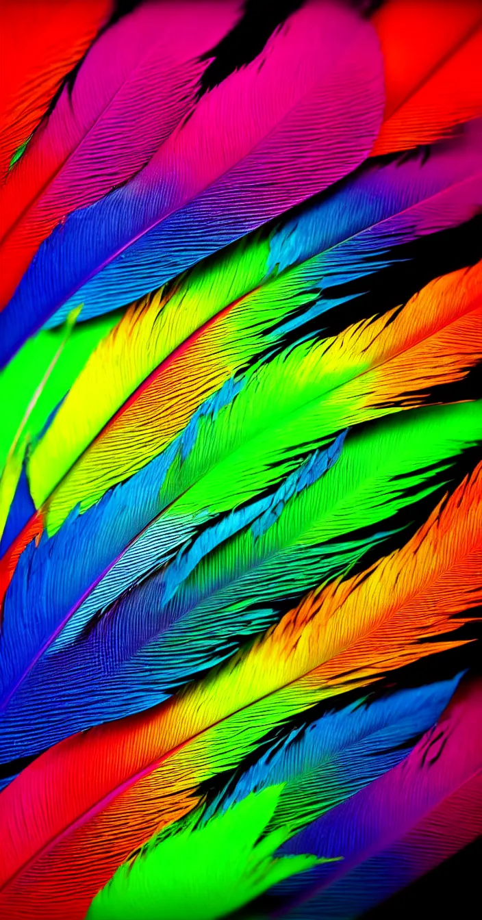 Prompt: realistic photo of colorful one big feather, high colored texture, dark smooth background, very sharp focus, 3 d octane render, in the style of greg rutswoski, very hyper realistic, highly detailed, fantasy art station