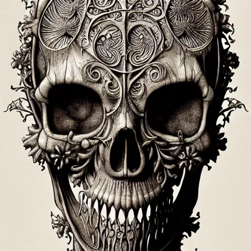 Image similar to memento mori by arthur rackham, art forms of nature by ernst haeckel, photorealistic, hyperdetailed, octane render, art nouveau, gothic, ornately carved beautiful skull mask dominant, intricately carved ornamental antique bone, art nouveau botanicals, art forms of nature by ernst haeckel, horizontal symmetry, symbolist, visionary