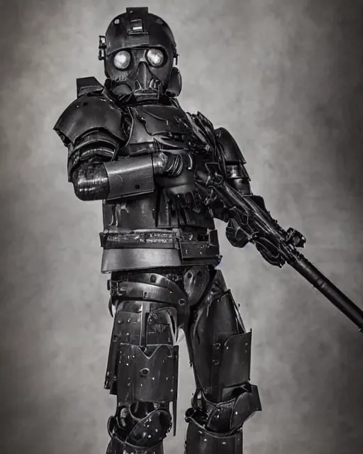 Image similar to Korean Actor Park Solomon as a Kerberos Panzer Cop in Live Action Jin Roh: The Wolf Brigade, wearing full Kerberos Panzer Cop armor and holding his MG 42 machine Gun, Studio Lighting, shot in the Style of Annie Leibovitz, Mamoru Ushii