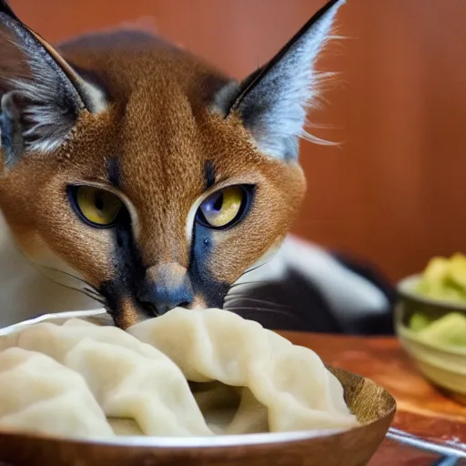 Image similar to Caracal cat eats dumplings