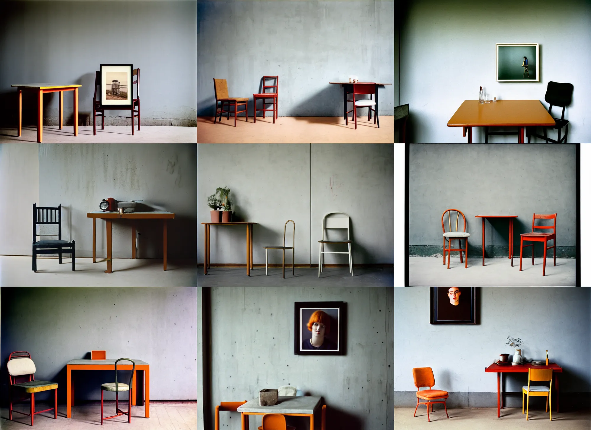 Prompt: kodak portra 4 0 0, 8 k, highly detailed, britt marling style, award winning colour still - life portrait of a concrete wall with a square pictureframe in the middle and one table, one chair on the floor, 1 9 2 0 s style