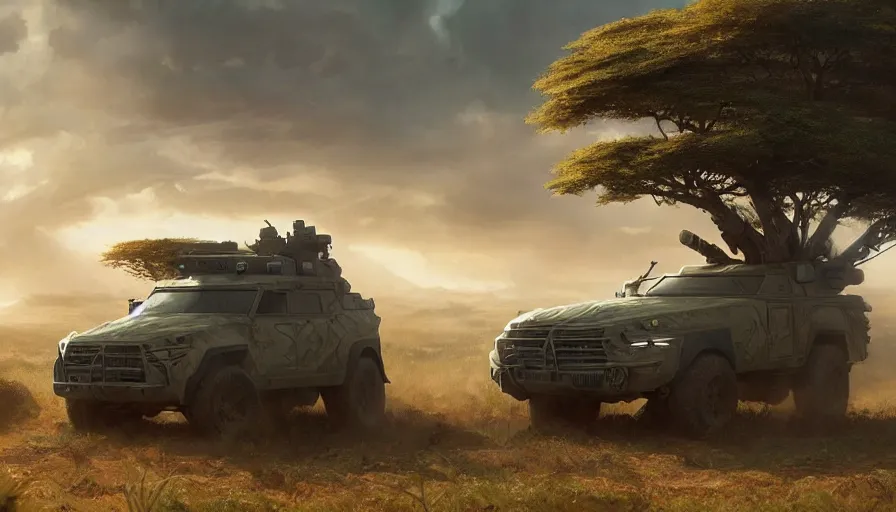 Prompt: a militarised suv designed by apple driving through african savanna, artgerm and greg rutkowski and alphonse mucha, an epic fantasy, volumetric light, detailed, establishing shot, an epic fantasy, trending on art station, octane render, midsommar