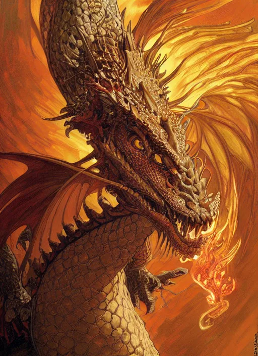 Image similar to portait of a dragon, fire, lava, intricate, highly detailed, centered, digital painting, artstation, concept art, smooth, sharp focus, illustration, art by Kekai Kotaki and donato giancola and alphonse mucha