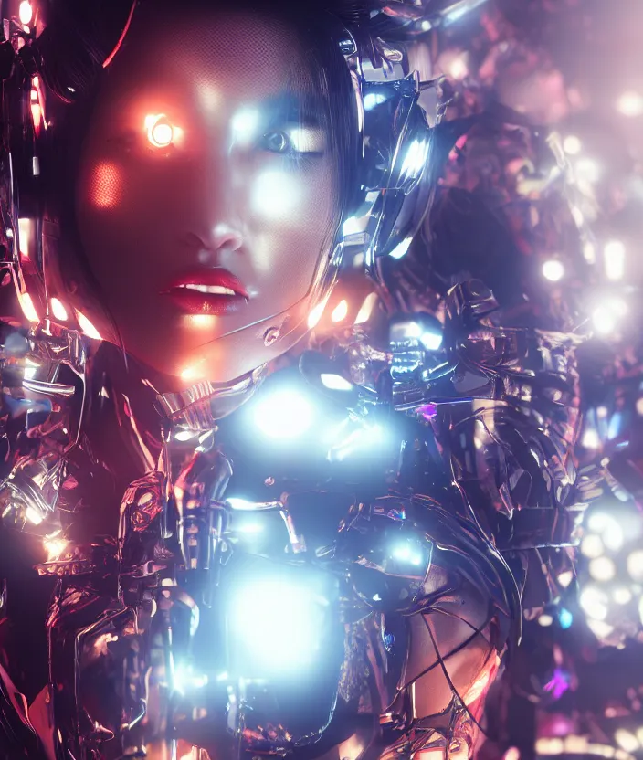 Image similar to japanese model cyborg with digital led panel skin, neon lighting, techno neon projector background, akihiko yoshida style, portrait photo, intricate details, ultra realistic, unreal engine 5, depth of field, bokeh, octane render