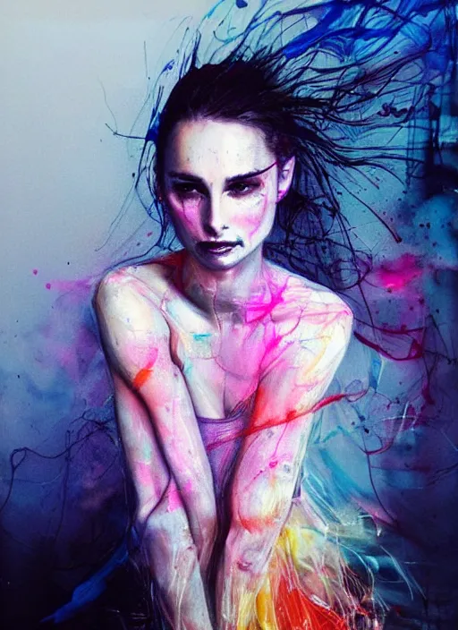 Image similar to vicious smile nathalie portman by agnes cecile, extremely luminous bright design, pastel colours, ink drips, autumn lights