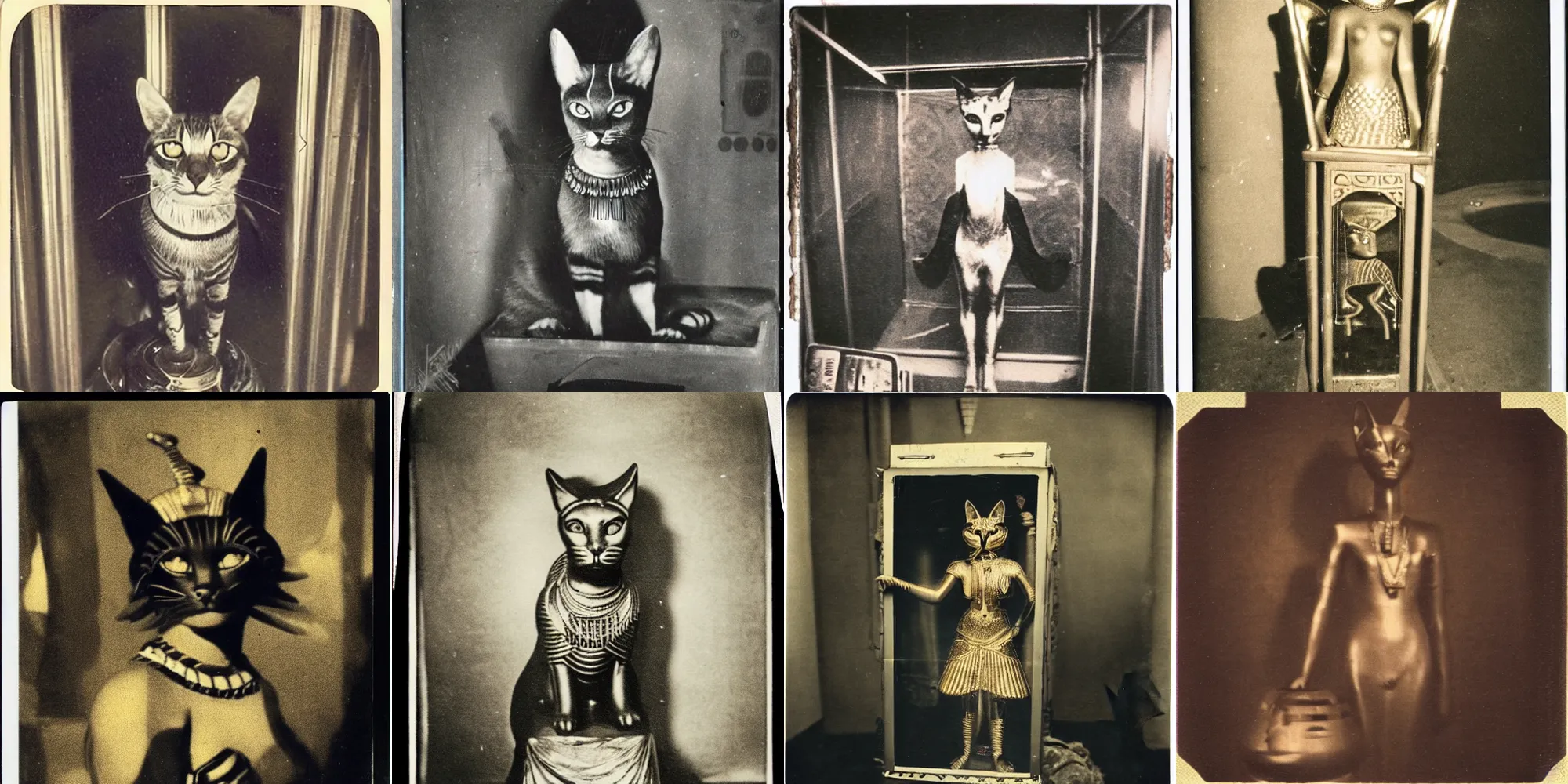 Prompt: old polaroid from 1 9 5 2 depicting anthropomorphic egyptian cat goddess bastet, standing in an treasure chamber filled with golden riches
