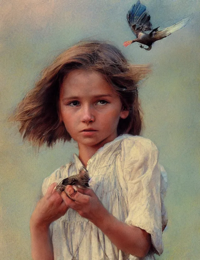 Prompt: portrait of little peasant girl setting free a bird, cottage core, cinematic focus, polaroid photo bleached vintage pastel colors high - key lighting, soft lights, foggy, by steve hanks, by lisa yuskavage, by serov valentin, by tarkovsky, 8 detailed, oil on canvas