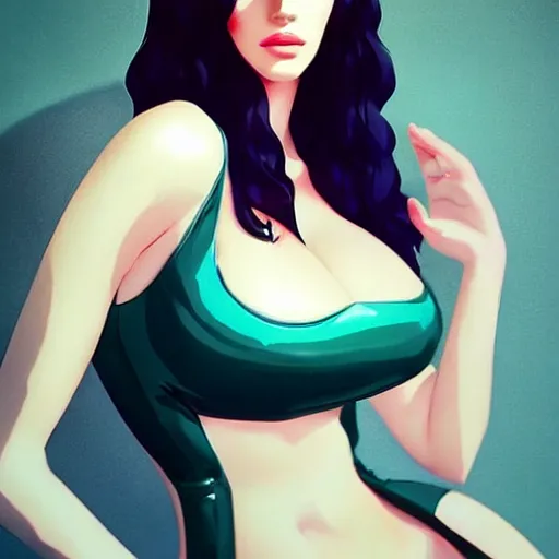 Image similar to a beautiful christina hendricks kat dennings kim kardashian alluring instagram model in elaborate latex tank top, by guweiz and wlop and ilya kuvshinov and artgerm and makoto shinkai and studio ghibli, symmetrical eyes, aesthetic, gorgeous, stunning, alluring, attractive, artstation, deviantart, pinterest, digital art