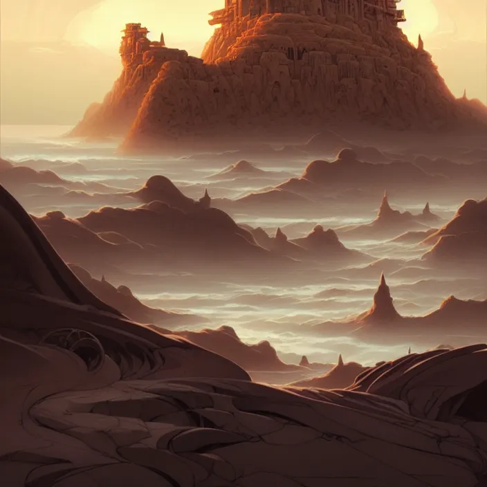 Image similar to style artgerm, joshua middleton, gerald brom, a giant brown stone castle in the desert, very long spires, sand swirling, detailed, ocean background setting, volumetric lighting