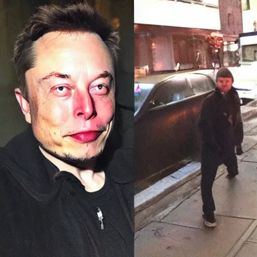 Image similar to elon musk as a homeless man using crack in the middle of the manhattan sidewalks, low quality, camera flash is so bright, viral, selfie, viral on twitter, viral on instagram, viral photo
