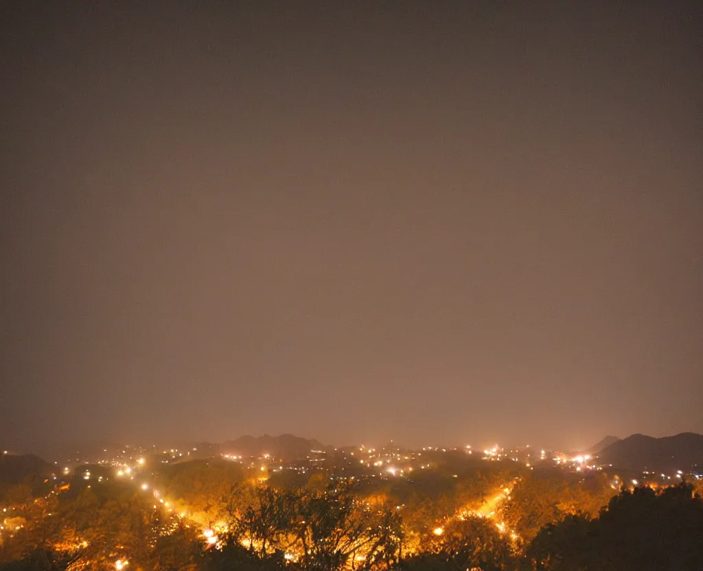 Image similar to 3 5 mm film of explosion in the sky, view from a korean traditional village, camera pans upwards, 4 k, night, fog