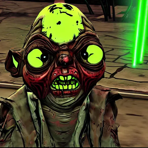 Prompt: zombie yoda, yoda as a zombie, in borderlands 2, zombified, scary