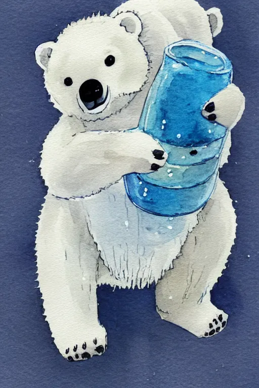 Image similar to a cute anime polar bear holding a porcelain, watercolor, white background, lovely