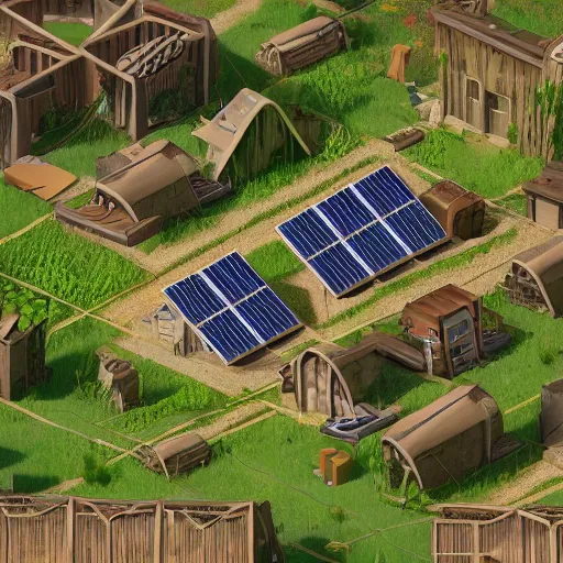 Image similar to Solarpunk style village with human living in harmony with plats and technology is a friendly companion