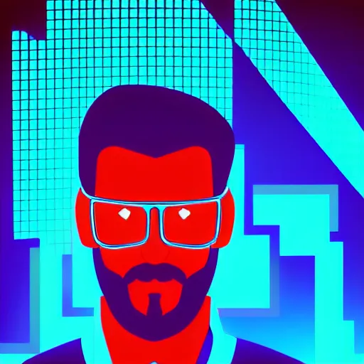 Image similar to portrait of a man with black hair and beard, synthwave, vector style, geometric random shapes and angles, red and blue lighting, neon, robot, futurism, virtualreality, modernist, cyberpunk h 6 4 0