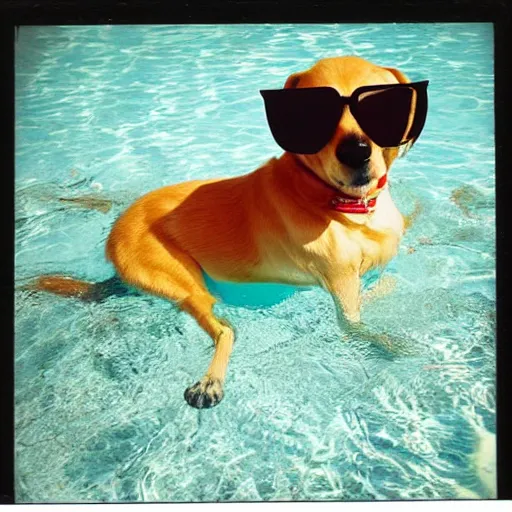 Prompt: polaroid photo of dog wearing sunglasses relaxing in a pool floater