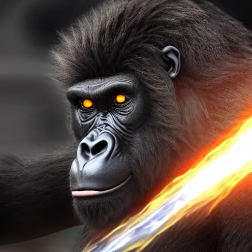 Image similar to Still Image of an Angry Gorilla going Super Saiyan, glowing eyes, realistic, 4k, detailed