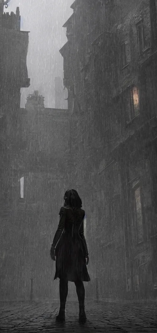 Prompt: annie leonhart in dunwall city wearing corvo attano's mask, redshift render, cinematic lighting, rainy weather, melancholy atmosphere, dunwall city, volumetric light, octane render, dishonored game, dishonored 1, gothic architecture, realistic reflections, octane render 8 k, view from air