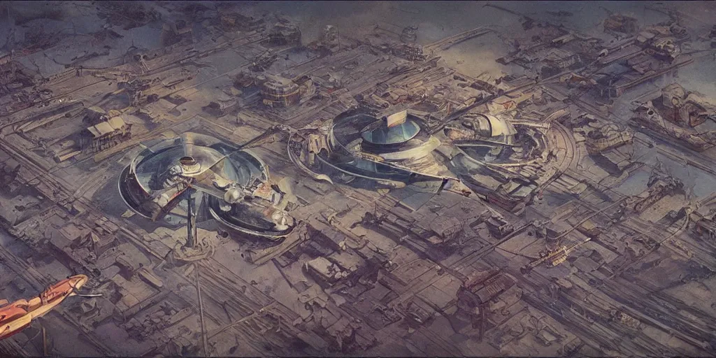 Image similar to Aerial shot of a Soviet era science fiction set painted by James Jean, cinematography by Yo-Yo Ma, composition by Fritz Lang