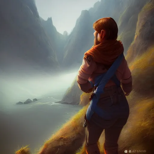 Image similar to digital portrait painting of an adventurer woman facing away from the camera, looking at cliffs and mountains in the distant fog, trending on artstation, cgsociety