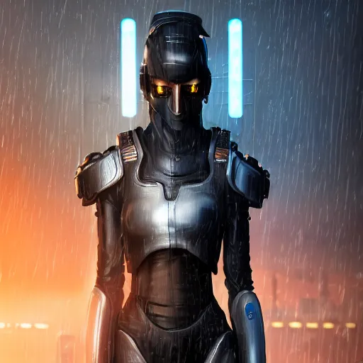 Image similar to An epic fantastic ultrarealism comic book style portrait painting of a female cyberpunk armor fighter, black and blue silver color armor, cyberpunk feel raining at tokyo rooftop, Concept world Art, unreal 5, DAZ, 8k, hyperrealistic, octane render, cosplay, RPG portrait, dramatic lighting, rim lights