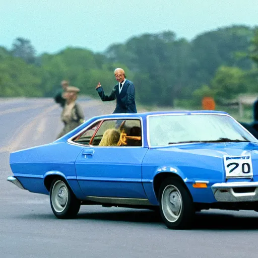 Image similar to a photograph of Joe Biden off in the distance driving in a Ford Pinto! 8k, high definition, highly detailed, photo realistic