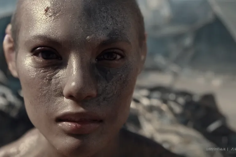 Image similar to VFX movie of a futuristic alien warrior closeup portrait in war zone, beautiful natural skin natural lighting by Emmanuel Lubezki