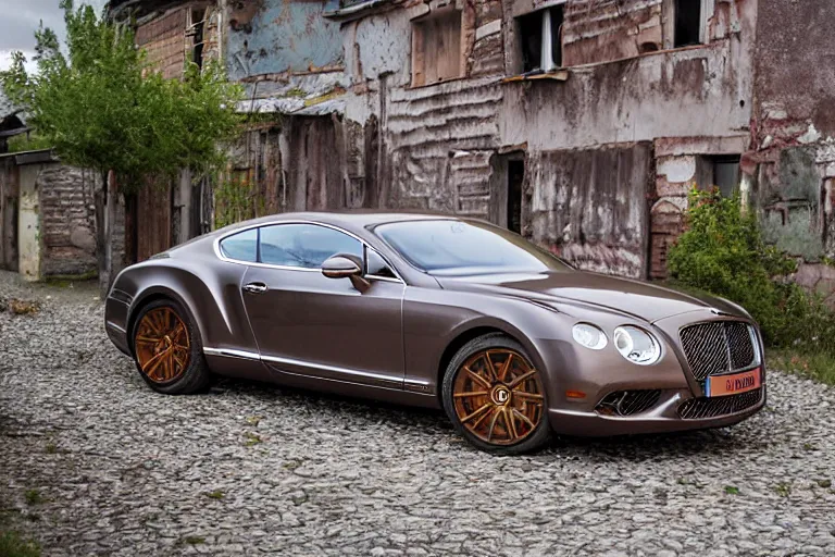 Prompt: modern rusty Bentley Continental GT without gloss drives along the road of an old Russian village with houses at the edges