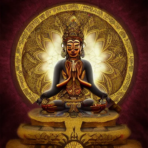 Prompt: contented steampunk bodhisattva, praying meditating, digital art trending on artstation