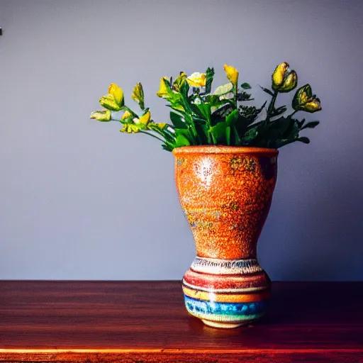 Prompt: dslr photo of a vase on a table, 55mm