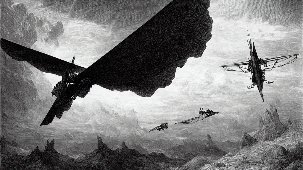 Image similar to drawing of an ornithopter flying toward a desert storm, by gustave dore, nineteenth century, black and white, vintage, science fiction, epic composition, dramatic lighting, highly detailed, cinematic