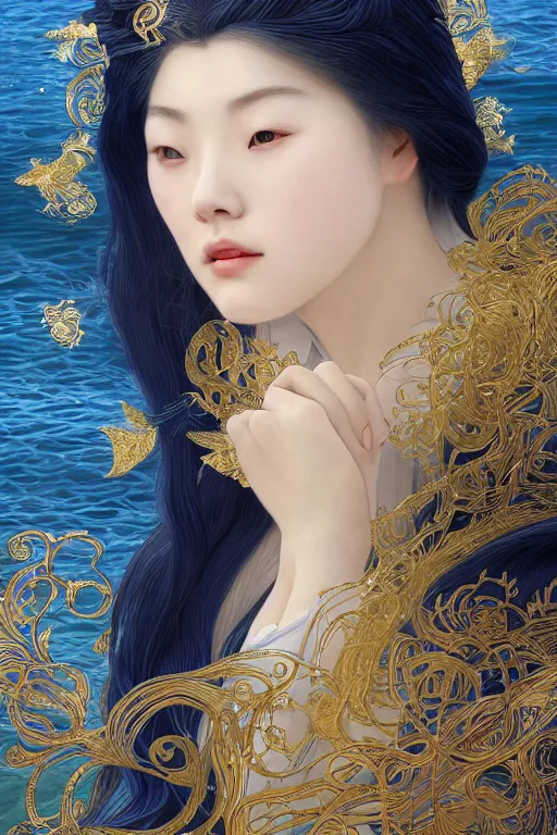 Image similar to a beautiful young woman, Queen of the Sea Mu Yanling, long flowing white hair, blue and yellow robe that resembles floating wings, water flowing and floating around, young female face, liquid magic, cinematic top lighting, insanely detailed and intricate, face by Artgerm, design by Alphonse Mucha, Kuvshinov Ilya, Irakli Nadar, render by krenz cushart, golden ratio, symmetrical proportions, elegant, ornate, luxury, elite, matte painting, MTG, magic the gathering, trending on artstation, cinematic, cgsociety, 8k, high resolution,