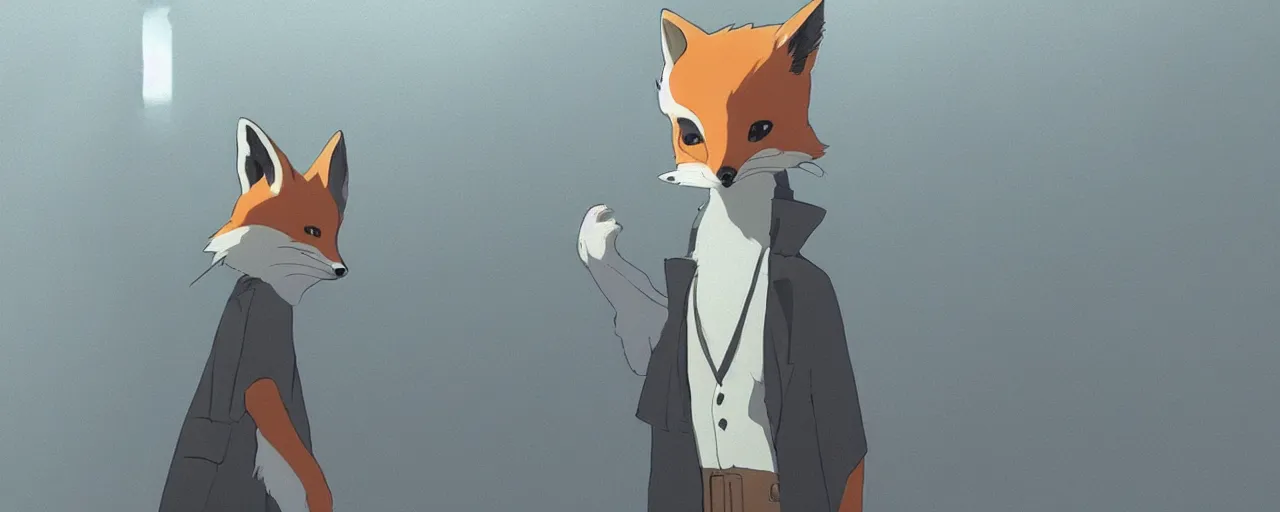 Image similar to a fox wearing a black trench - coat, goro fujita, studio ghibli, rim light, ominous lighting, clear focus, very coherent,