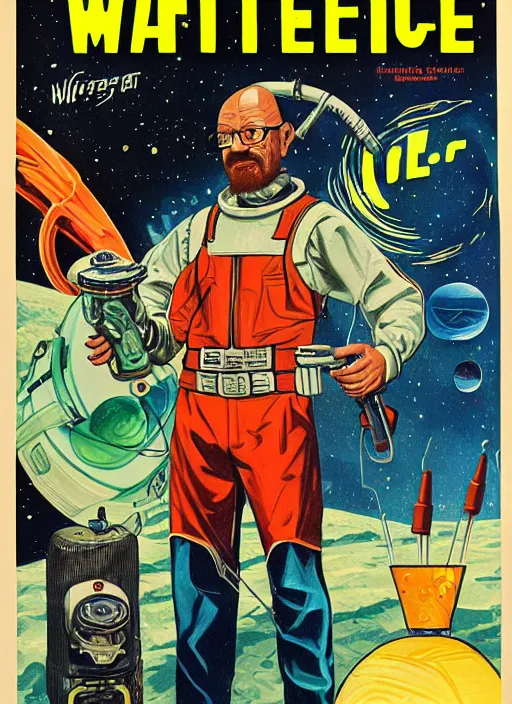 Prompt: Walter White as space cowboy in retro science fiction cover by Kelly Freas, vintage 1960 print