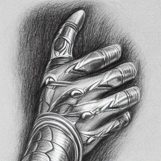 Image similar to on the head of a warrior, lies the hand of a mummy, pencil drawing, engraving, simple drawing, few details