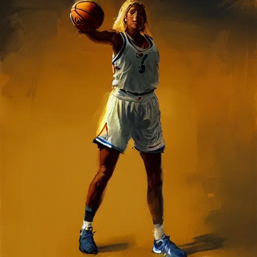 Prompt: painting of an woman basketball player, a van gogh style, greg rutkowski, artstation