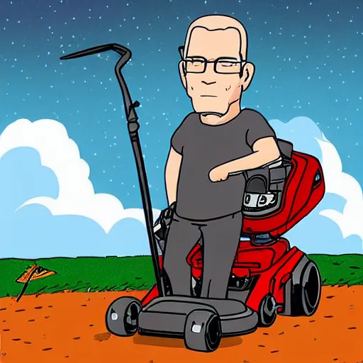 Image similar to Hank hill from “King of the Hill” wearing a full suit of medieval armor, riding a lawnmower on the moon, photo