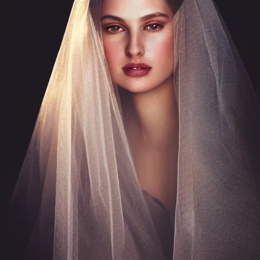 Image similar to closeup portrait of a stunningly beautiful female, silk veil at sunset, fashion photoshoot, by edward robert hughes, annie leibovitz and steve mccurry, david lazar, jimmy nelsson, breathtaking, 8 k resolution, extremely detailed, beautiful, establishing shot, artistic, hyperrealistic, beautiful face, octane render