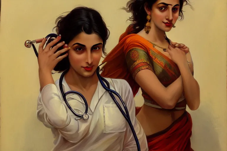 Image similar to sensual pale beautiful indian doctor in jeans with stethoscope, art deco portrait, elegant, intricate, digital painting, artstation, concept art, smooth, sharp focus, illustration, art by artgerm and greg rutkowski and alphonse mucha