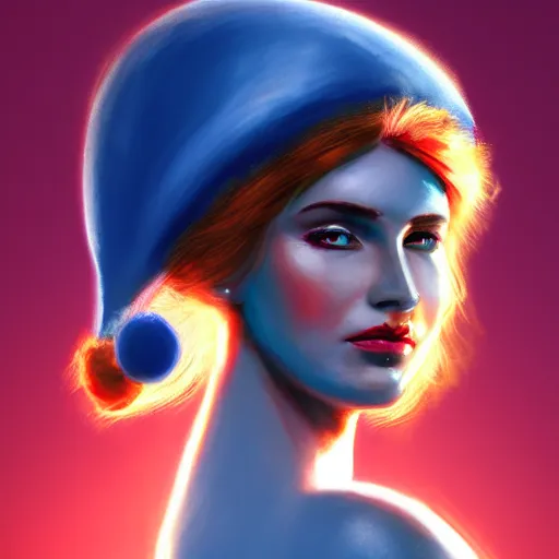 Image similar to goddess seen in profile, different shades of blue, wearing a red santa hat, hd artstation