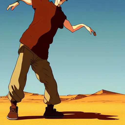 Image similar to a study of cell shaded cartoon of a monk dancing on a desert road, full body, wide shot, very muted colors, post grunge, studio ghibli, laurie greasley, highly detailed, deviantart, art by artgem