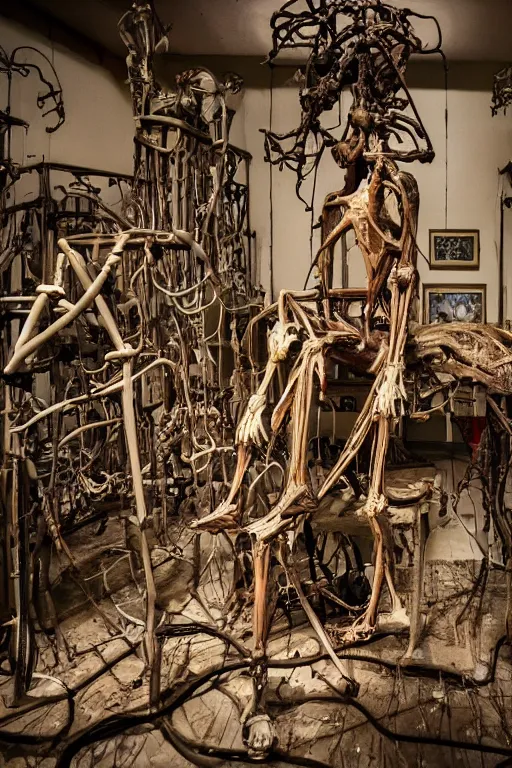 Image similar to inside a museum, a room where anatomical flesh body parts are piece of arts at night biomechanical, filth and grim, wires and strings, very detailed, ultra realistic photography, grainy image