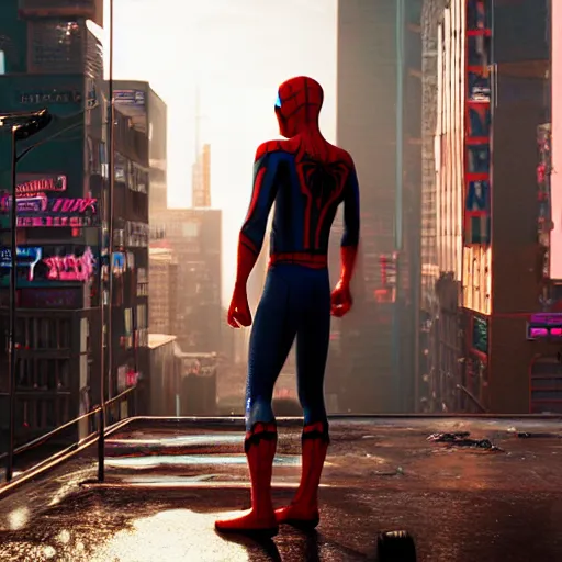 Image similar to a film portrait still of spider - man from a gritty cyberpunk 2 0 0 0 s james cameron movie about spider - man. realism, cinematic lighting, highly detailed spider - man, 4 k. 8 mm. grainy. panavision.