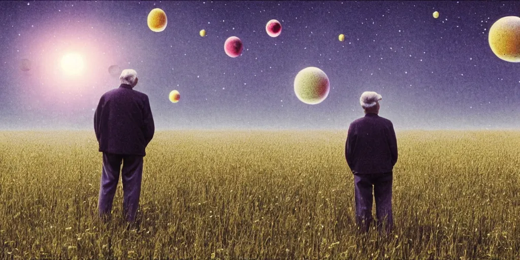 Image similar to an old man in a field looking at multiverse bubbles in the sky, scene from a stanley kubrick movie, in color