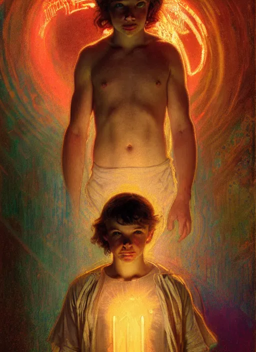 Image similar to illustration by gaston bussiere, mucha, gerome, craig mullins, greg rutkowski, john singer sargent. portrait of eddie muson, stranger things. 8 ß's neon retro. lights, glow, magical. dark background.