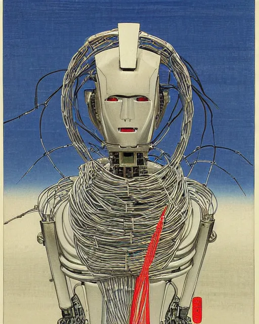 Prompt: Hiroshige portrait of a robot saint made of cables and robotic pod by Claudio Mazzoli